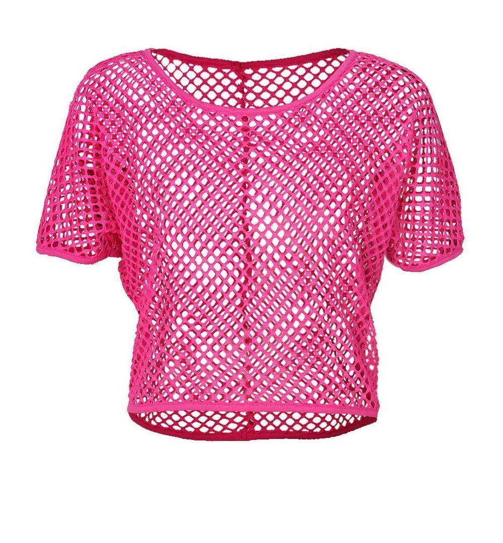9278 Sexy Fishnet Crop Tops 80s Costumes Short Sleeve Mesh Shirt,Hot Pink,L